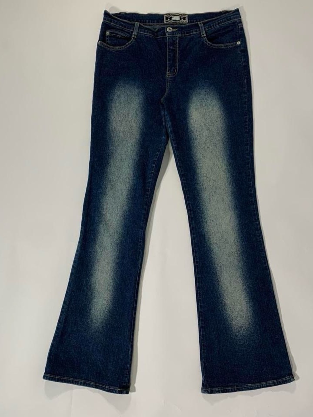 R4R Rave Jeans Sandblast Bleach Fade Flare Mid Rise Denim Cyber Y2K